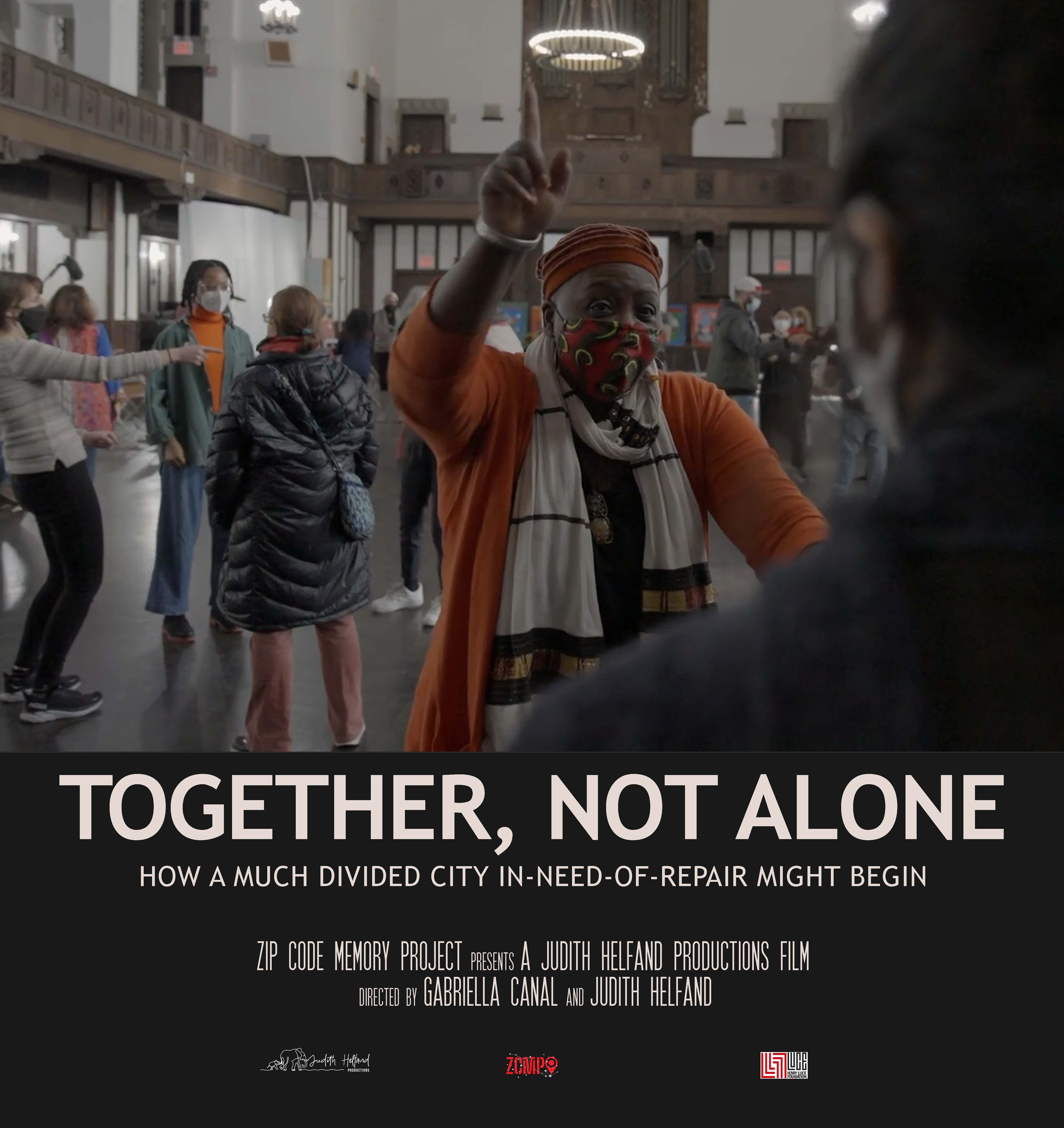 Movie Poster Together, Not Alone featuring a woman raising a finger in a room full of people.